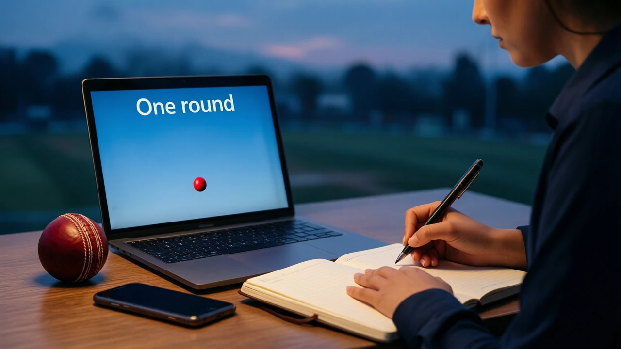A woman at a desk at dusk writing in a notebook, filling the frame, an open laptop beside her whose screen is filled edge to edge by one guide page with the heading "One round" above a small red ball in a blue sky, a phone lying face down next to the notebook