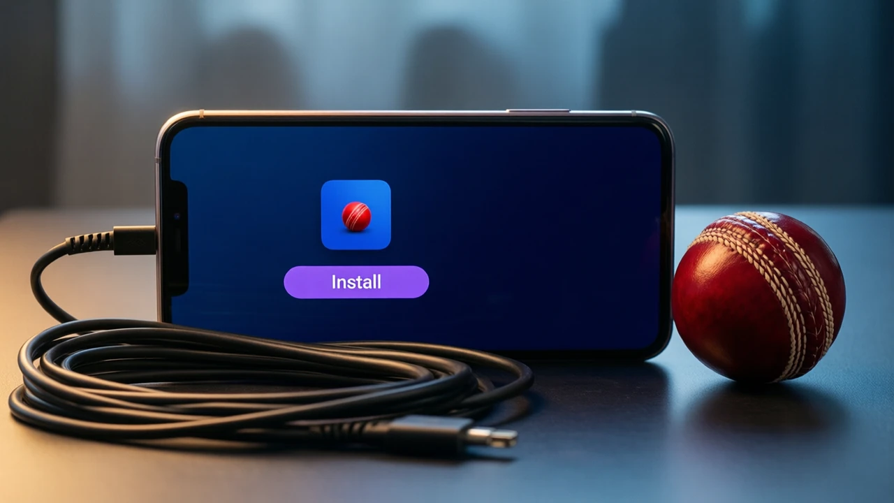 A phone lying on a desk beside a coiled charging cable, filling the frame, its screen shows a small red ball icon in a blue square above one wide violet button reading "Install", the rest of the screen plain dark navy
