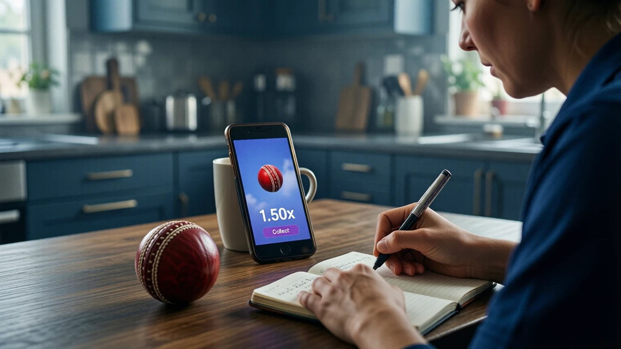 A woman sitting at a kitchen table writing in a small notebook, filling the frame, one phone propped against a cup in front of her is the only screen in the room, it shows a red ball in a periwinkle blue sky, the white figure "1.50x" and one violet button reading "Collect"