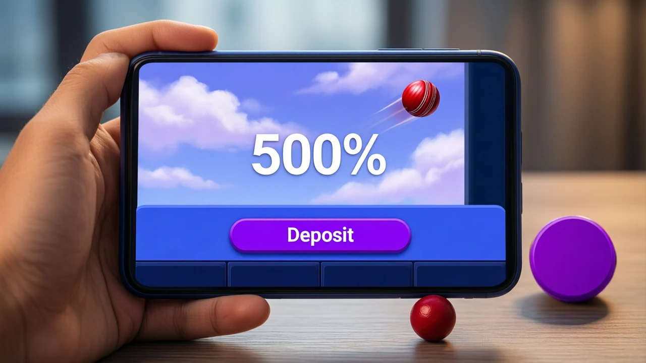 A hand holding a phone over a desk, filling the frame, the screen shows the large white figure "500%" on a periwinkle blue panel above one wide violet button reading "Deposit", a small red ball resting on the desk beside the phone