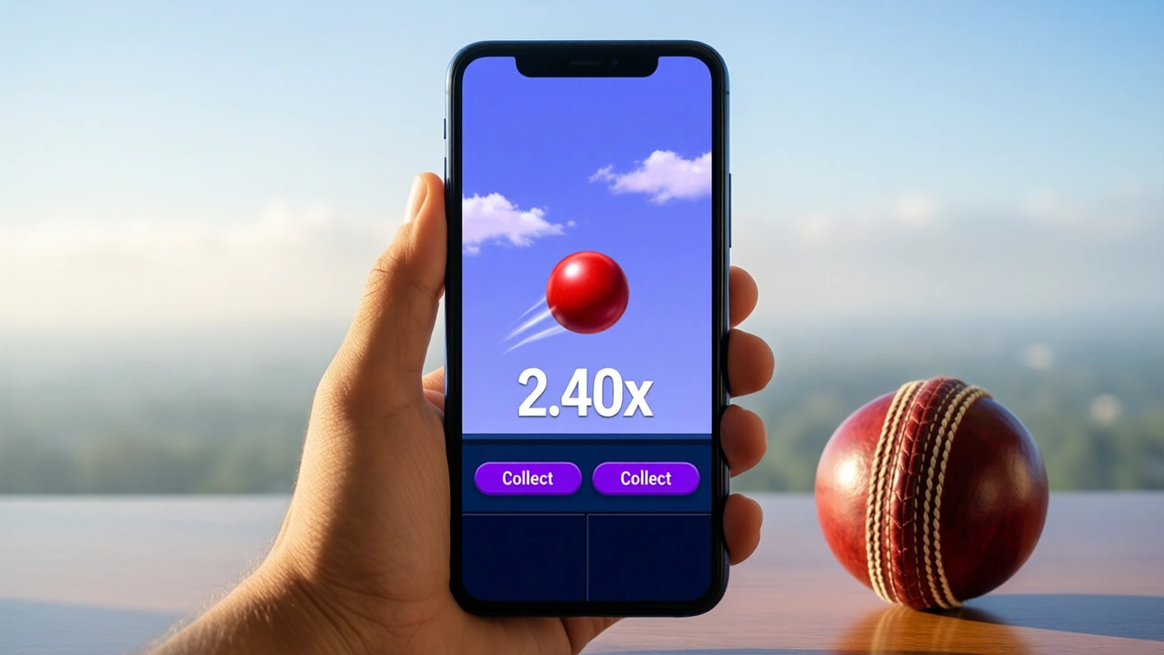 A phone held upright in one hand against a soft daylight sky, filling the frame, the game screen shows one glossy red ball flying through a periwinkle blue sky, a single large white figure "2.40x" under the ball, and two violet buttons reading "Collect" along the bottom