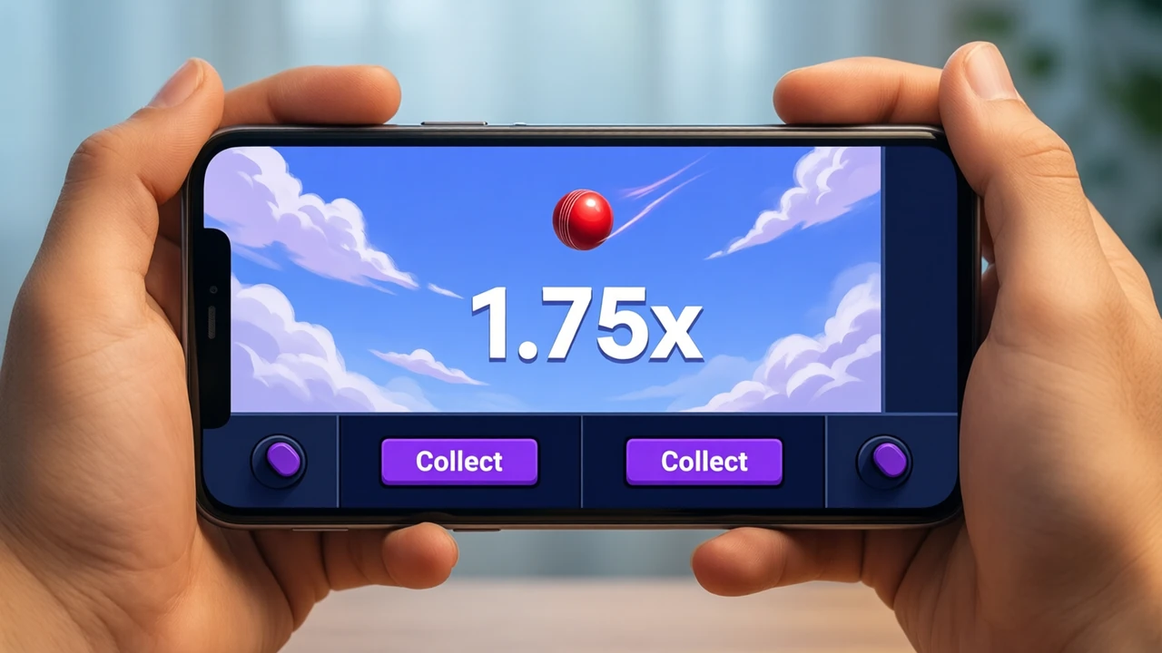 Two thumbs holding a phone sideways mid-round, filling the frame, the game screen shows a red ball high in a periwinkle blue sky, the large white figure "1.75x" in the centre and two dark panels below with violet buttons reading "Collect"