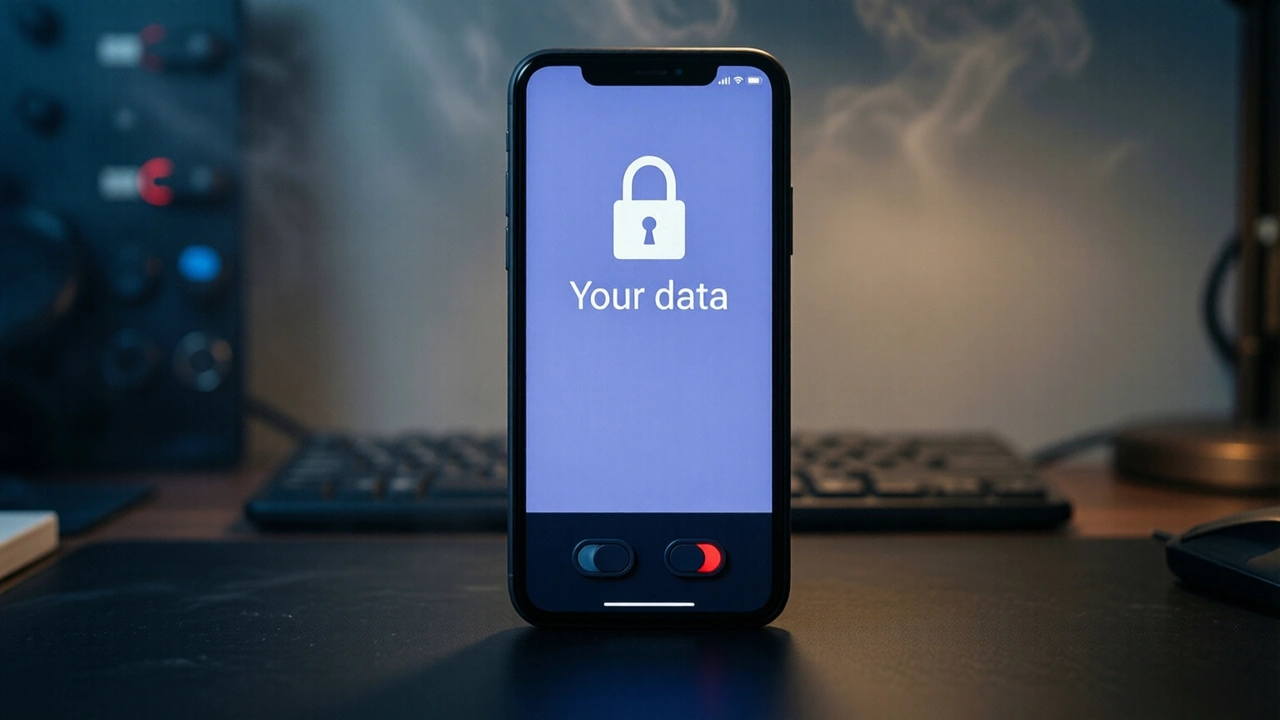 A phone standing upright on a dark desk, filling the frame, its screen shows a simple white padlock on a periwinkle blue background above the words "Your data", the rest of the screen plain