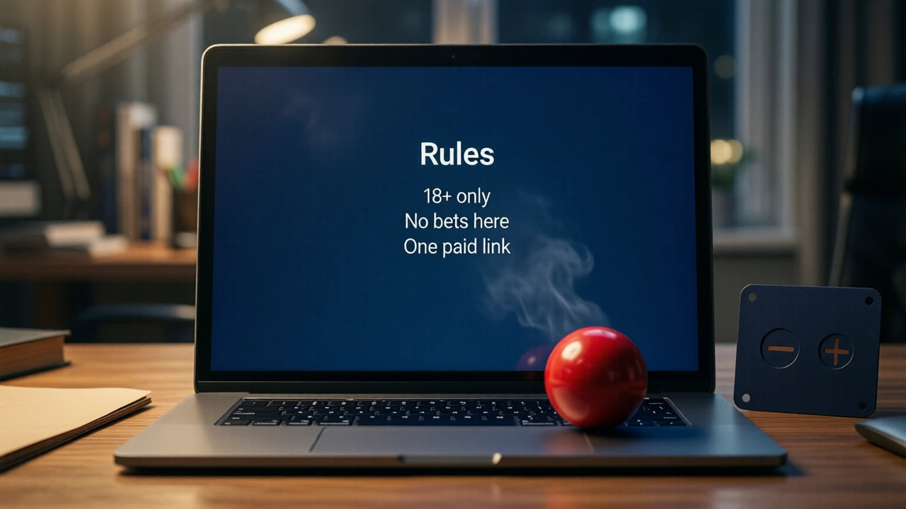 A laptop open on a desk at night, filling the frame, its screen shows a plain navy page with the heading "Rules" and three short lines reading "18+ only", "No bets here" and "One paid link", a red ball resting beside the keyboard
